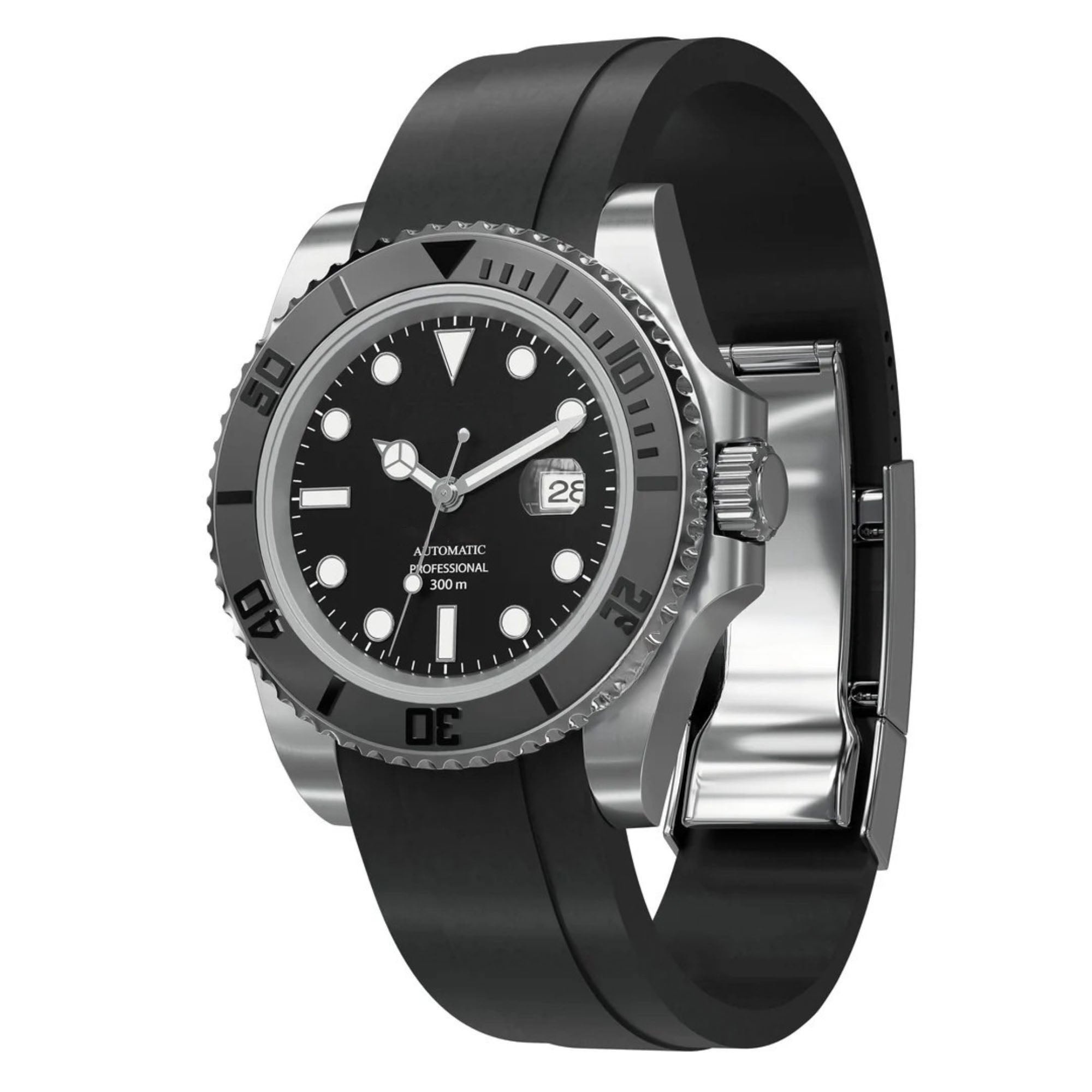Automatisk Dykkerklokke 40 mm – Sort, Gummirem
